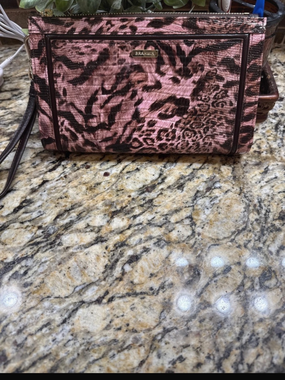Brahmin Pink and Brown Animal Print Wristlet Clutch